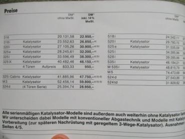 BMW 316-325i Cabrio E30,M3,324d,518i-M535i +Katalysator, M5,524d/td,E32 und E24 Preisliste September 1986