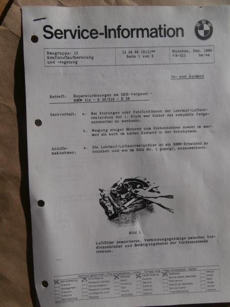 BMW Service-Information Reparaturlösungen am 2BE-Vergaser 316 E30 58 E28 Dezember 1986