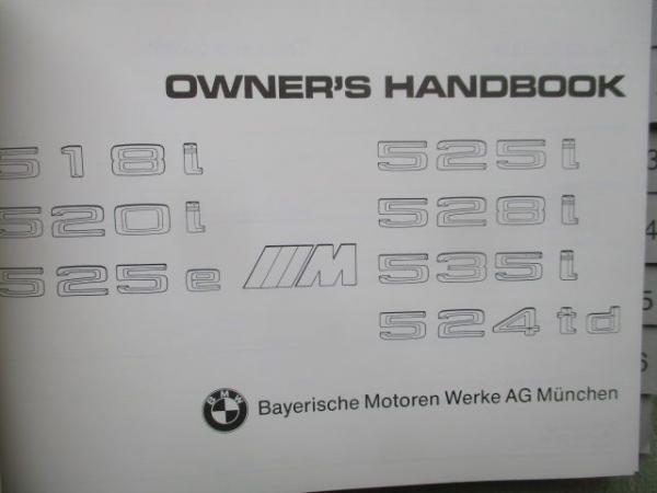 BMW 518i-535i M535i 524TD Owners Manual Englisch August 1984 NEU